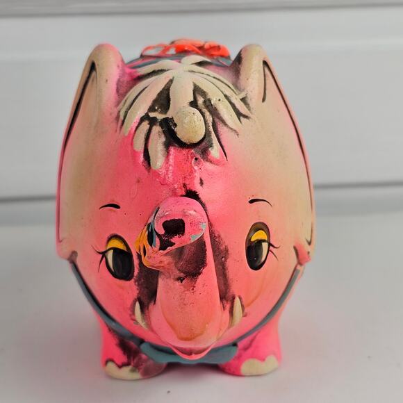 VTG 1968 hot pink elephant bank Japan floral Holiday Fair - Picture 2 of 9